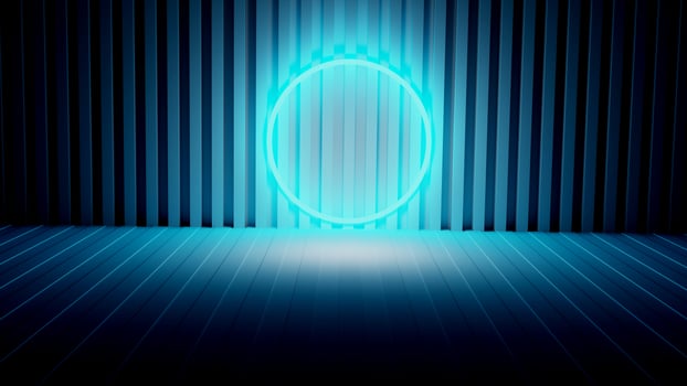 3D render showing purple neon lights on brick wall background abstract background photo