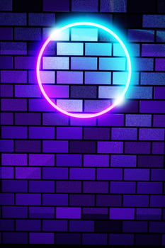 3D render showing purple neon lights on brick wall background photo