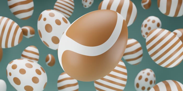 Easter composition with levitation 3d rendering gold egg. Happy easter creative banner with falling eggs on green background. 3d render illustrative with selective focus. photo