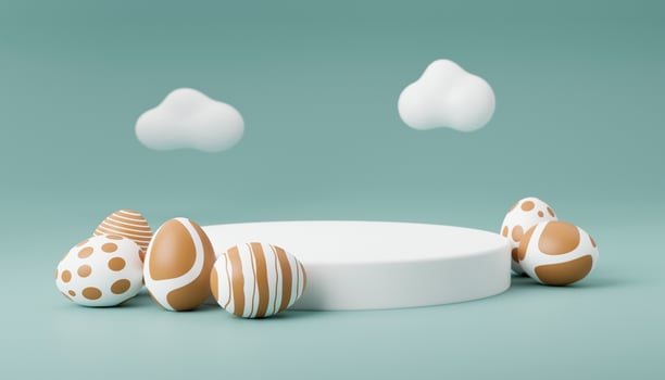 Golden Easter egg on podium 3d render illustration green background. happy easter day concept. minimal scene with pedestal and egg. photo