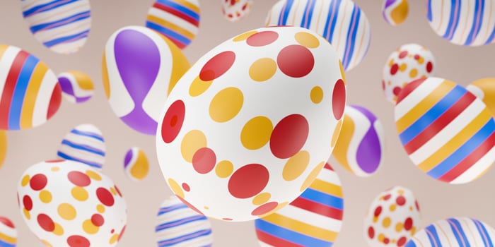 Easter composition with levitation 3d rendering colorful egg. Happy easter creative banner with falling eggs on beige background. 3d render illustrative with selective focus. photo