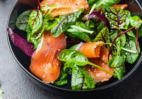 salmon salad boiled egg, green leaves lettuce fresh meal photo