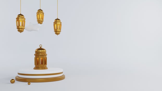 Ramadan kareem Islamic greeting background with gold lanterns and podium photo
