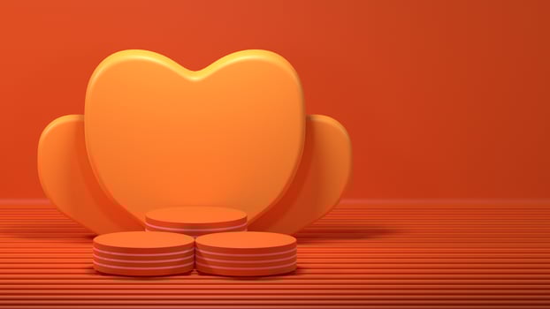 3d podium with orange love shape background. photo