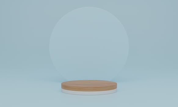 3d rendering. wood podium on blue background. Pedestal or platform for display, product presentation, mock up, show cosmetic product photo