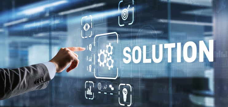 Solution. Businessman pressing on touch screen interface inscription Solutions. Business concept. Internet concept photo
