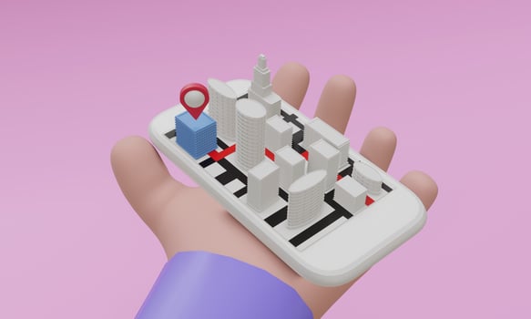mobile phone in cartoon hand navigation concept, 3d rendering photo