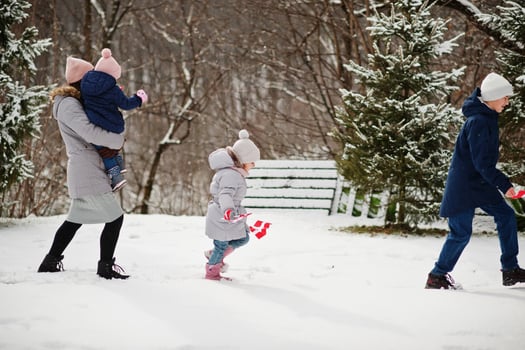 Family with Denmark flags outdoor in winter. Travel to Scandinavian countries. Happiest danish people's . photo
