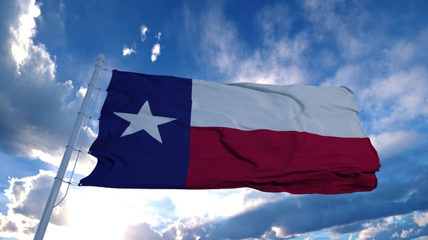 Texas flag on a flagpole waving in the wind, blue sky background. 3d rendering photo