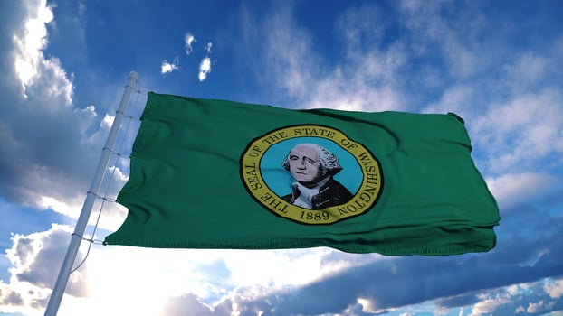 Washington flag on a flagpole waving in the wind, blue sky background. 3d rendering photo