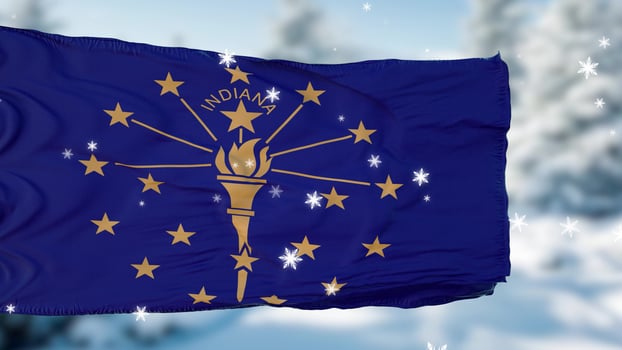 Indiana winter snowflakes flag background. United States of America. 3d illustration photo