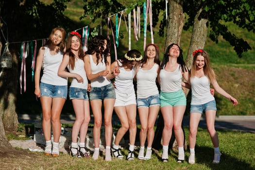 Seven happy and sexy girls on short shorts and white shirts posed at sunset park on bachelorette party photo