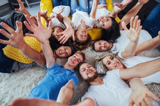 Group beautiful young people doing selfie lying on the floor, best friends girls and boys together having fun, posing emotional lifestyle concept photo