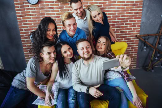 Group beautiful young people doing selfie in a cafe, best friends girls and boys together having fun, posing emotional lifestyle concept photo