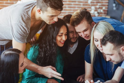 Group portrait of Cheerful old friends communicate with each other, friend posing on cafe, Urban style people having fun, Concepts about youth togetherness lifestyle. Wifi connected photo