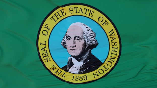 Flag of Washington state, region of the United States, waving at wind. 3d rendering photo