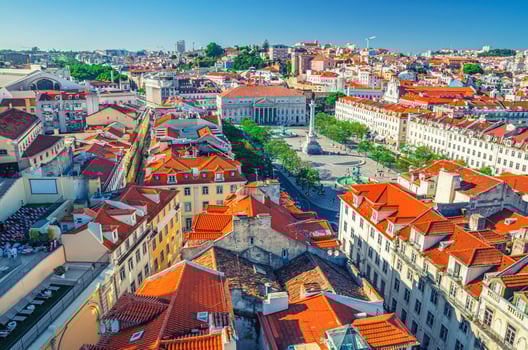 Aerial panoramic view of Lisboa historical city centre Baixa Pombalina Downtown with Rossio King Pedro IV Square photo
