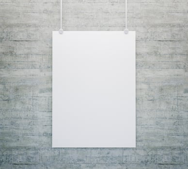 Poster hanging on a concrete wall. 3d render photo