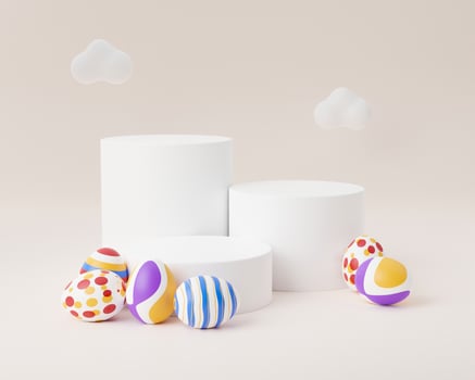 Easter egg with empty podium 3d render illustration on beige background with cloud. happy easter day concept. minimal scene with pedestal and egg. photo