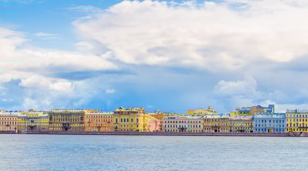 Cityscape of Saint Petersburg Leningrad city with row of old colorful buildings photo