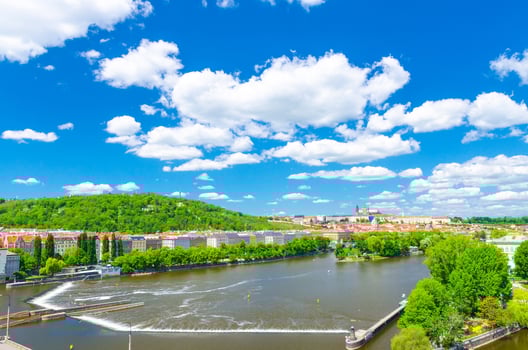 Aerial panoramic view of Prague city, historical center with Prague Castle, St. Vitus Cathedral photo