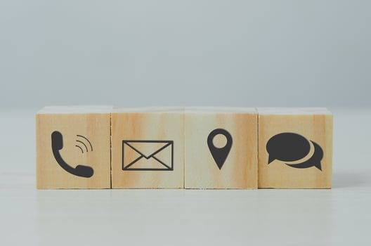 wooden cube block icon letter telephone location on table.Business communication and social network concept. photo
