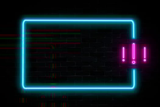 exclamination mask symbol with empty frame neon banner. photo