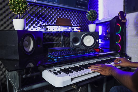 Piano players were recording in the recording studio photo
