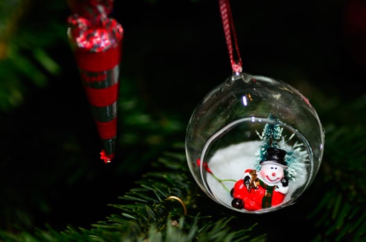 snowman in ball on christmas tree photo