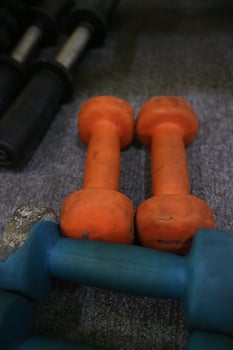 Editorial image of some blue orange dumbbells on the carpet for exercising in the gym photo
