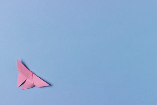 Pink origami butterfly folds out of paper. Blue background with copy space. Education, pastime, hobbies, activities with children. Minimalistic background photo