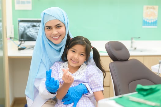 A little cute girl having teeth examined by muslim dentist in dental clinic, teeth check-up and Healthy teeth concept photo