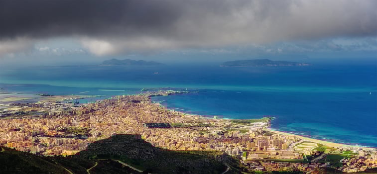The view from the heights of the city. The dramatic and picturesque scene. Location Trapani, Erice, Sicily, Italy, Europe. photo