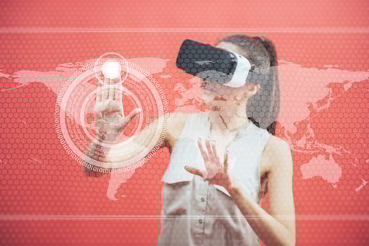 Happy woman in the studio gets the experience of using VR-glasses virtual reality headset. Innovative technologies. The concept of security. Holding a glowing planet Earth photo