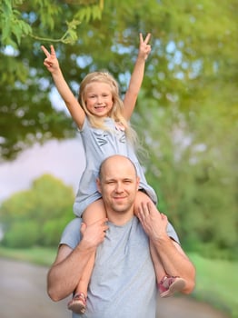 Cheerful dad holding his happy little girl on shoulders, carrying her legs photo