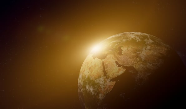 3d render. Earth planet view from space at night showing for scientific, space background. Elements of this image provided by NASA photo