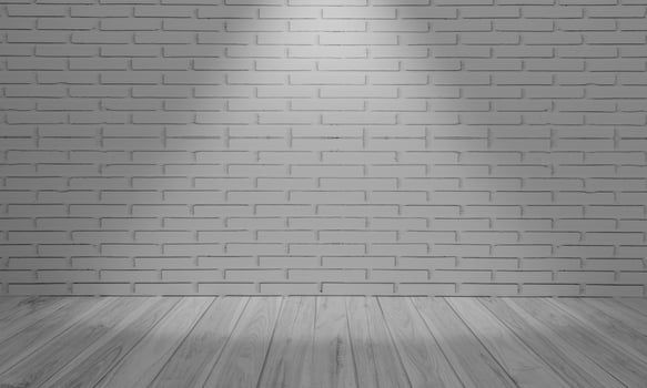 White brick wall and wood floor. Modern bright interior. Empty room with spotlight. 3D rendering photo