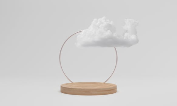 3d render. Wood podium with cloud on white background. Abstract minimal scene with geometrical. photo