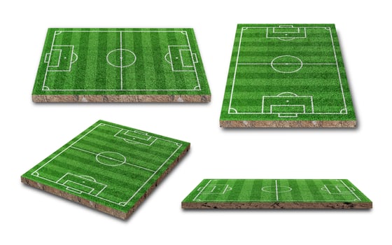 3D Rendering. Green lawn or grass soccer field collection isolated on white background. Different perspective photo