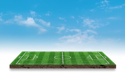 3D Rendering. Soccer green grass field on blue sky background. photo
