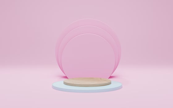 Wood podium on yellow background. Mock up for show cosmetic product display, Podium, stage pedestal. Abstract minimal scene with geometric forms. 3d render photo