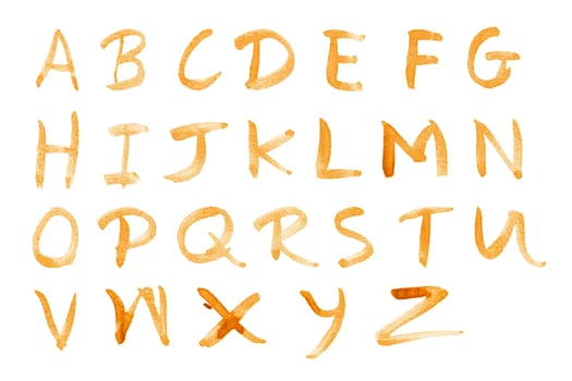 Alphabet set - foundation letters isolated on white paper background. A - Z write by coffee stain. photo