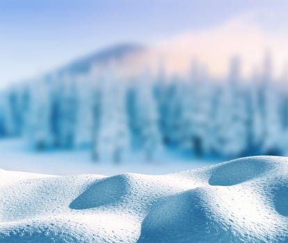 Merry Christmas and Happy New Year greeting background with copy space. Mysterious winter landscape majestic mountains in winter. Magical winter snow covered tree. Carpathian. Ukraine. photo