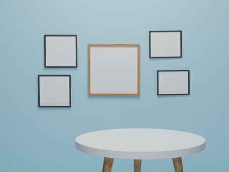 Abstract minimal scene with geometric forms. round wood table with photo frame background presentation mockup. 3d render, 3d illustration