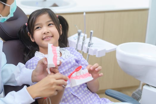 A little cute girl having teeth examined by dentist in dental clinic, teeth check-up and Healthy teeth concept photo