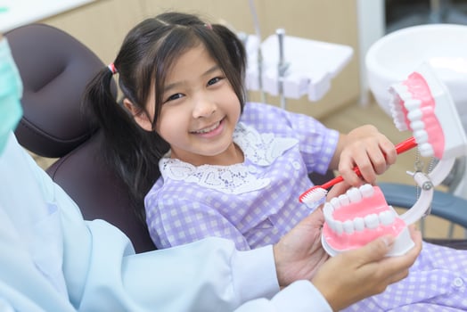 A little cute girl having teeth examined by dentist in dental clinic, teeth check-up and Healthy teeth concept photo
