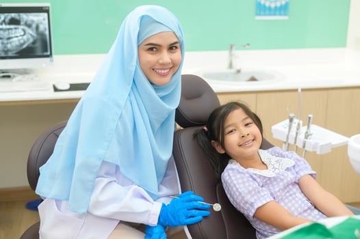 A little cute girl having teeth examined by muslim dentist in dental clinic, teeth check-up and Healthy teeth concept photo