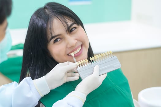 A dentist is examining female patient's teeth by using the whitening level photo