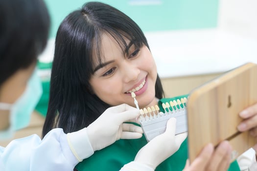 A dentist is examining female patient's teeth by using the whitening level photo