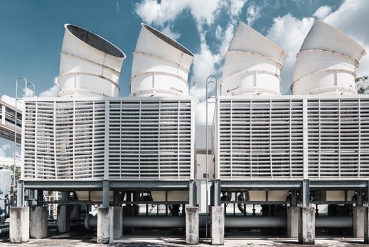Cooling PipesSystem of Manufacturing Factory, Cooled Chiller Machines Tower and Pipeline Equipment of Manufacture Industry. HVAC Cooling Systems and Distribution Steel Pipping. Air Conditioning photo